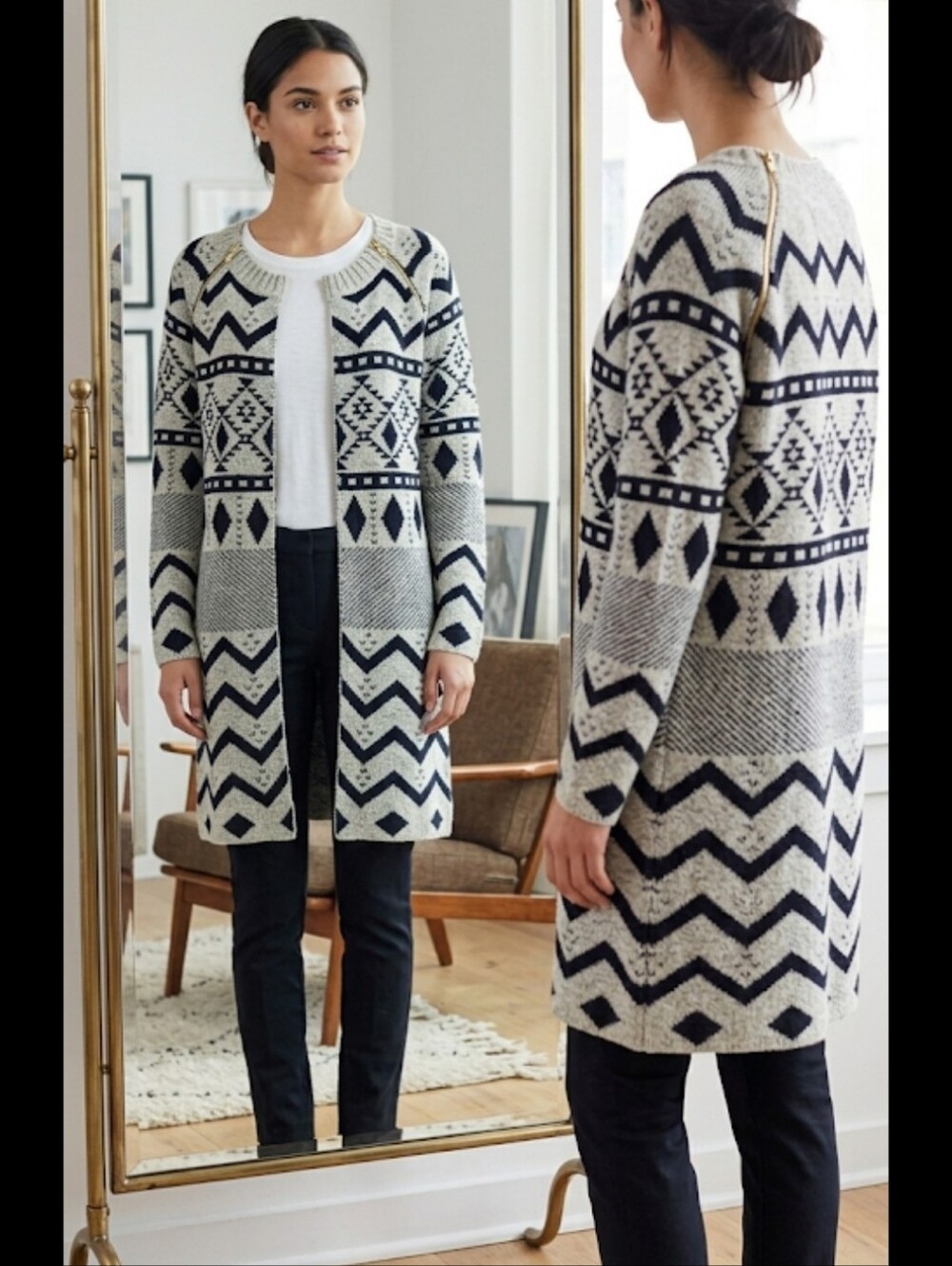 Long cardigan duster Aztec sz M pale grey & black